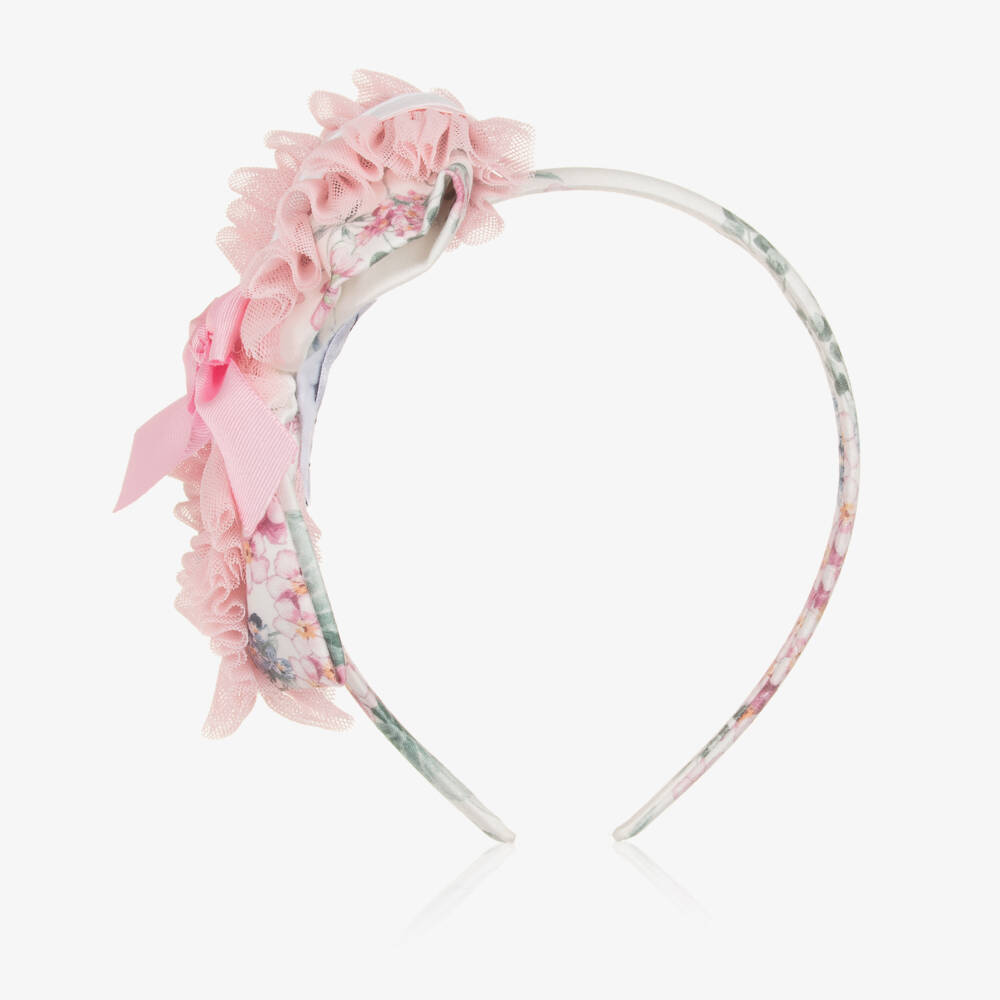 Miranda-Girls Pink Floral Print Hairband with Tulle & Ribbon Trim | Childrensalon