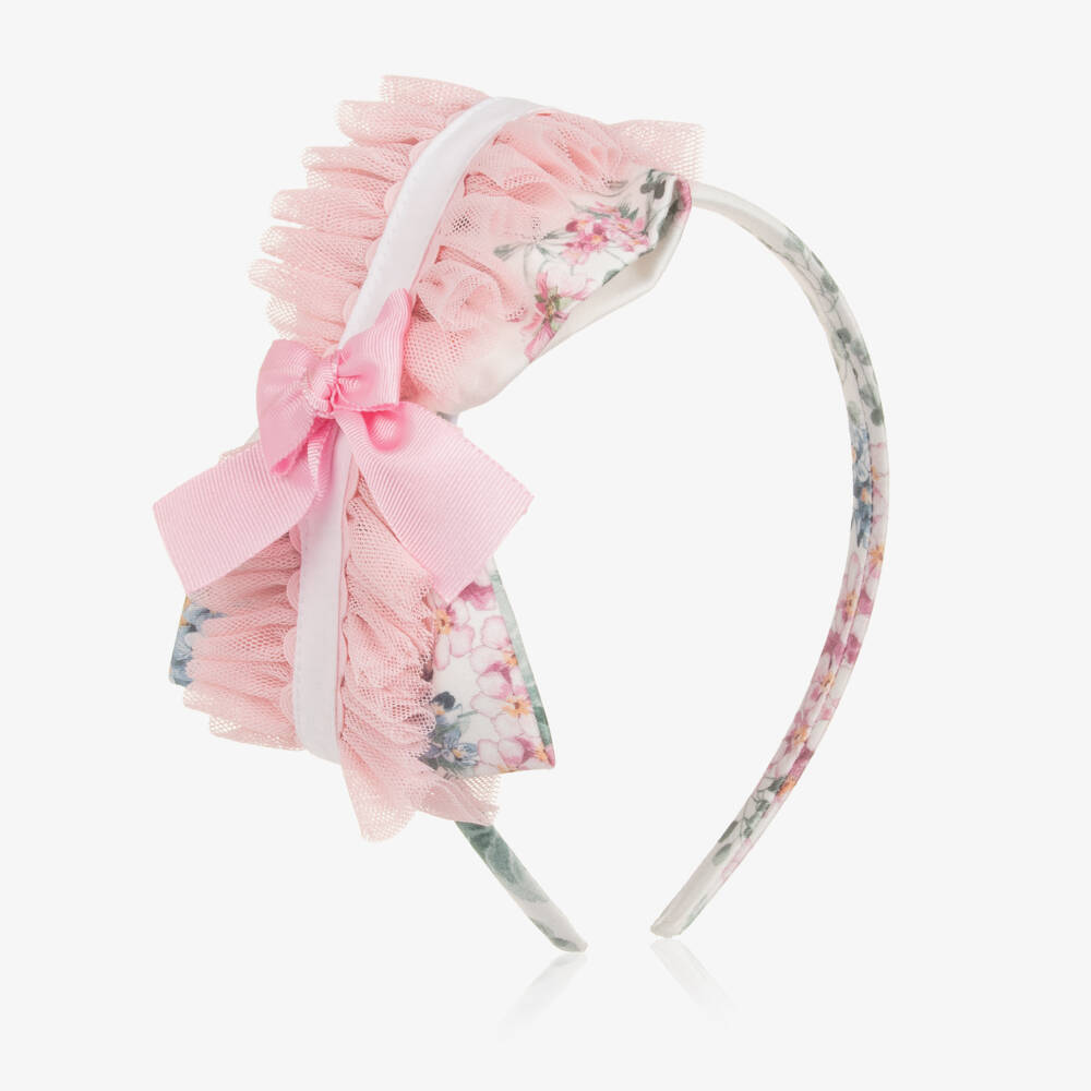 Miranda-Girls Pink Floral Print Hairband with Tulle & Ribbon Trim | Childrensalon