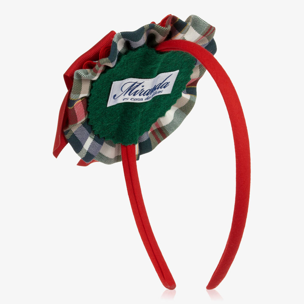 Miranda-Girls Red & Green Checked Rosette & Bow Hairband | Childrensalon