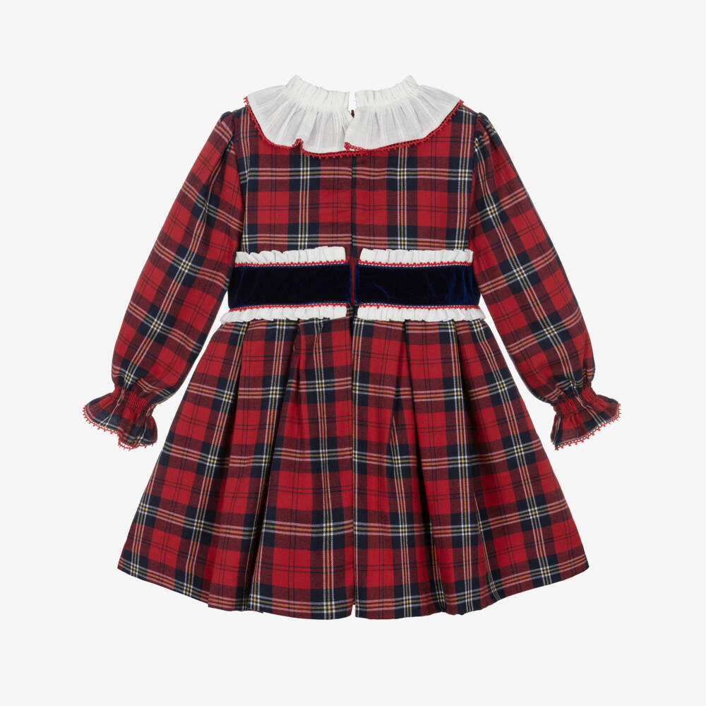 Miranda- Girls Red Tartan Dress with Ruffle Collar | Childrensalon