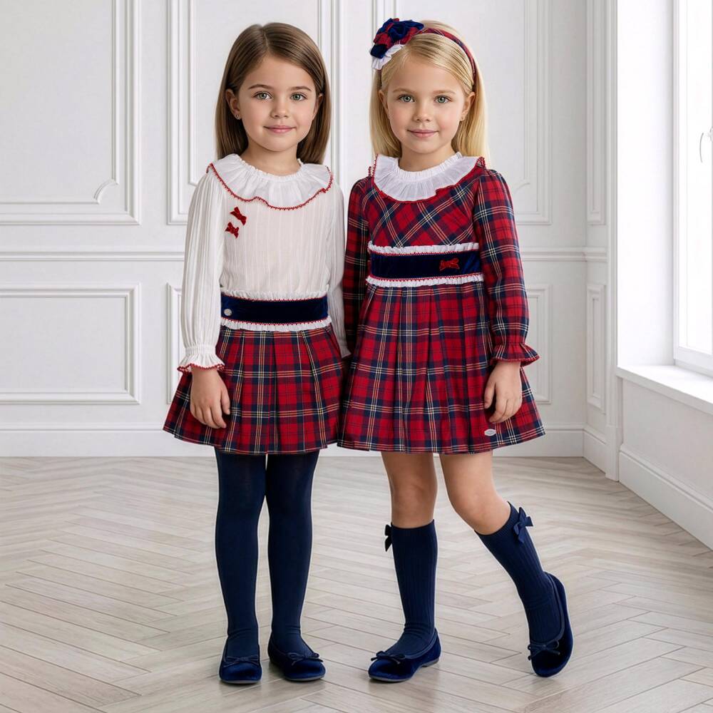 Miranda- Girls Red Tartan Dress with Ruffle Collar | Childrensalon
