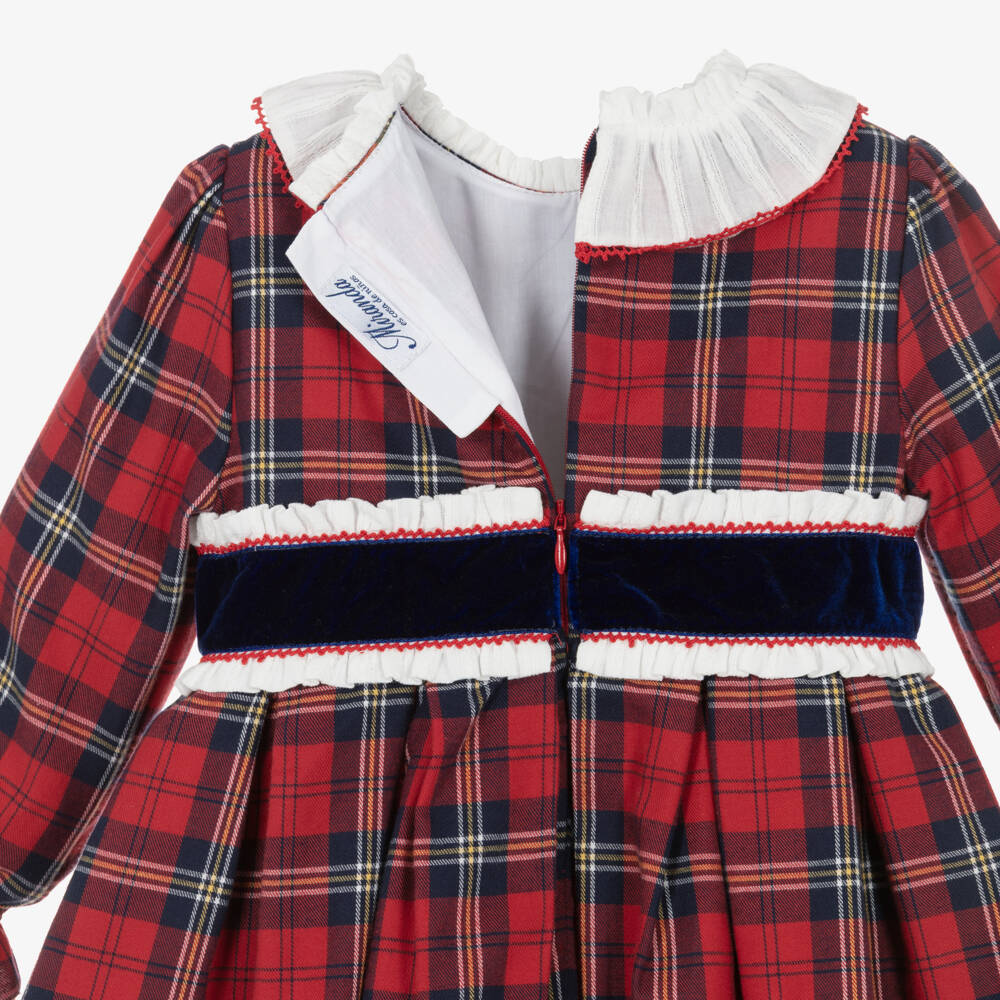 Miranda- Girls Red Tartan Dress with Ruffle Collar | Childrensalon