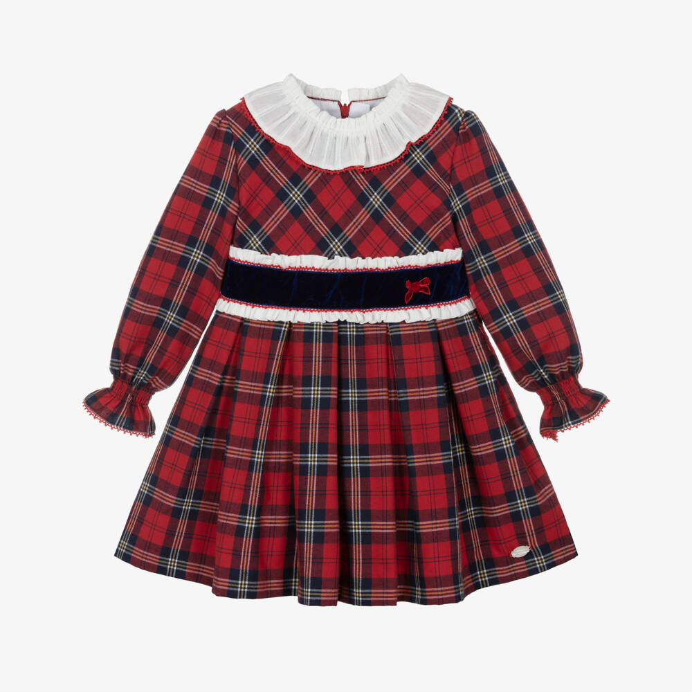 Miranda- Girls Red Tartan Dress with Ruffle Collar | Childrensalon