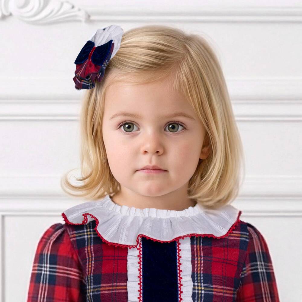 Miranda-Girls Red Tartan & Velvet Bow Hair Clip (9cm) | Childrensalon