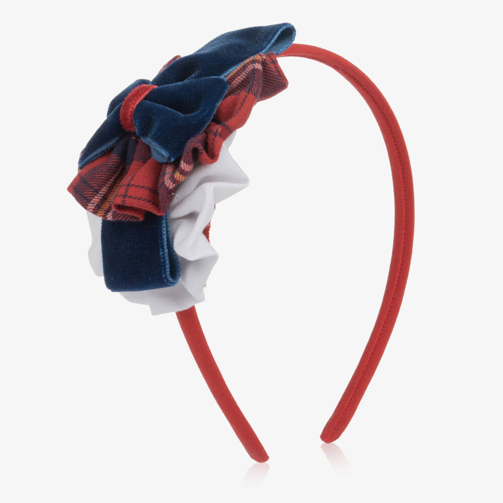 Miranda-Girls Red Tartan & Velvet Bow Hairband | Childrensalon