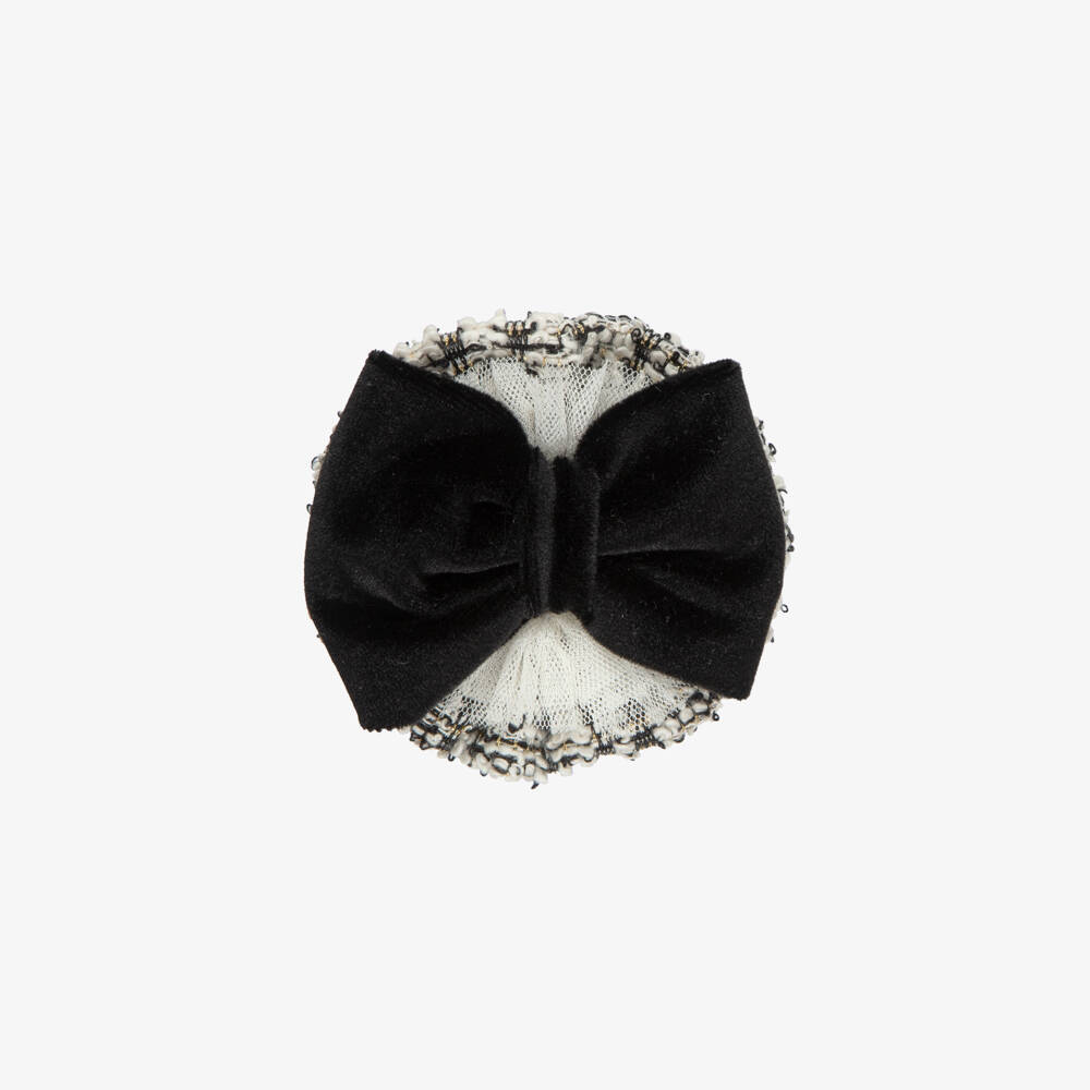 Miranda-Girls Tweed & Black Velvet Bow Hair Clip (9cm) | Childrensalon
