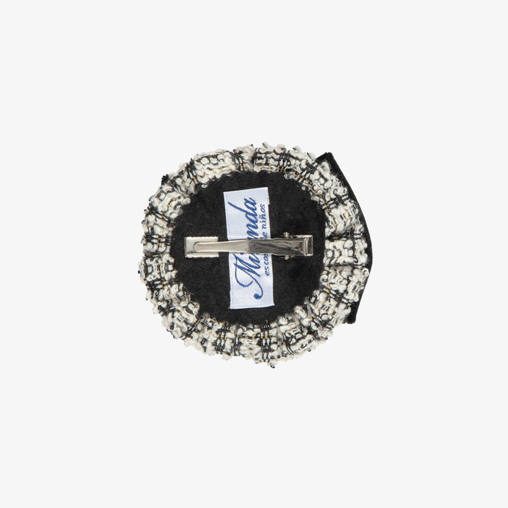 Miranda-Girls Tweed & Black Velvet Bow Hair Clip (9cm) | Childrensalon