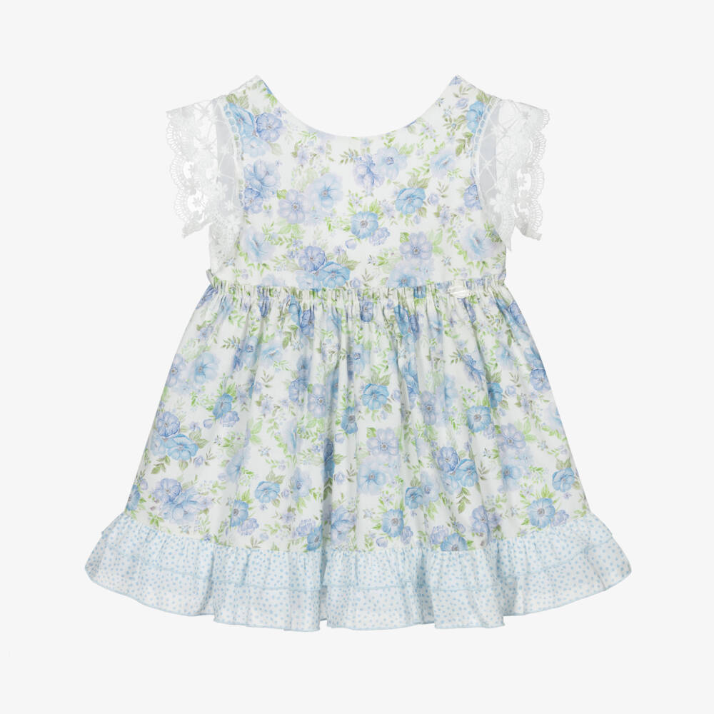 Miranda-Girls White & Blue Floral Cotton Dress with Lacy Tulle Trims | Childrensalon