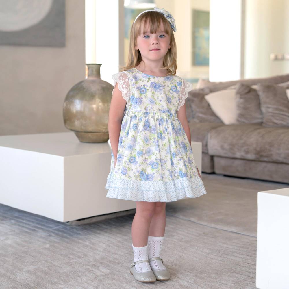Miranda-Girls White & Blue Floral Cotton Dress with Lacy Tulle Trims | Childrensalon