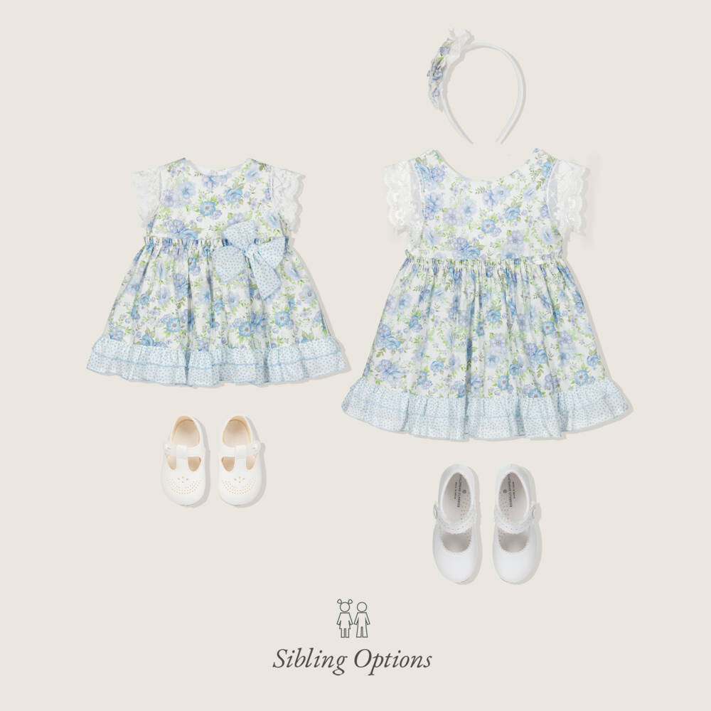 Miranda-Girls White & Blue Floral Cotton Dress with Lacy Tulle Trims | Childrensalon