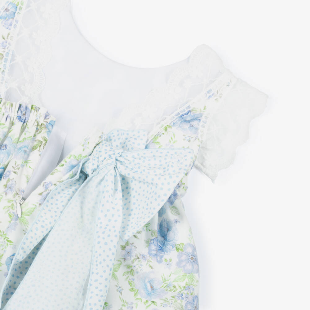 Miranda-Girls White & Blue Floral Cotton Dress with Lacy Tulle Trims | Childrensalon