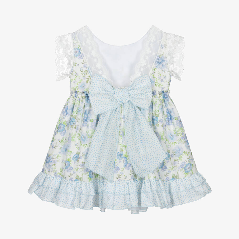 Miranda-Girls White & Blue Floral Cotton Dress with Lacy Tulle Trims | Childrensalon
