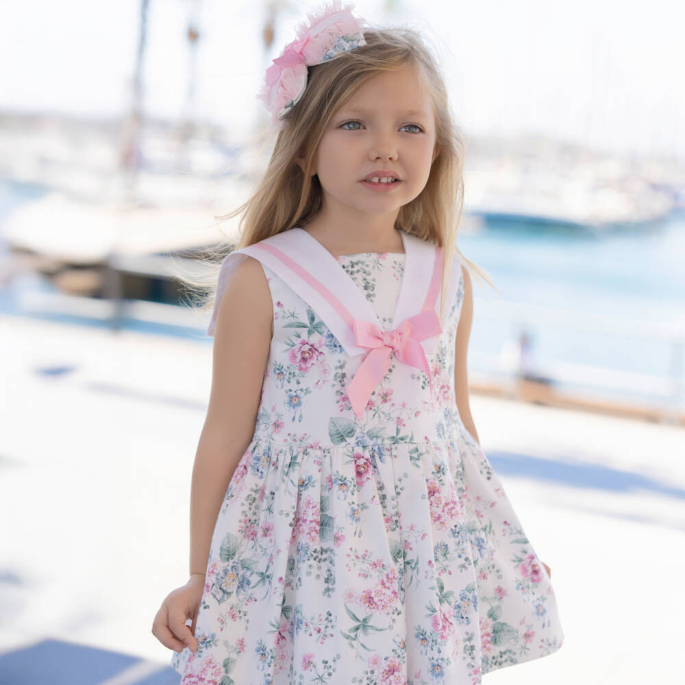 Miranda-Girls White Cotton Dress with Pink & Blue Floral Print | Childrensalon