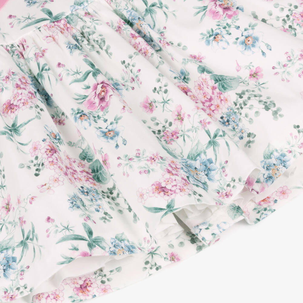Miranda-Girls White Cotton Dress with Pink & Blue Floral Print | Childrensalon