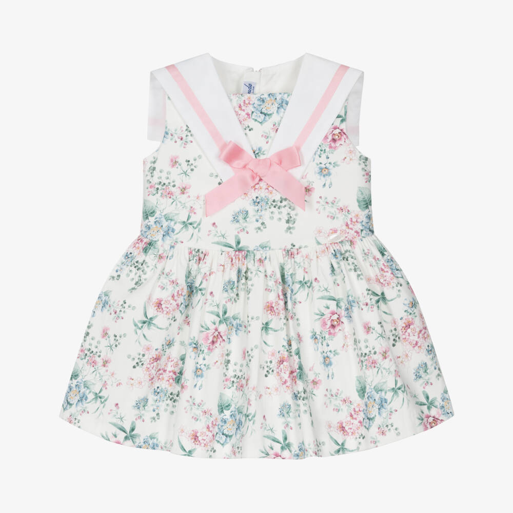 Miranda-Girls White Cotton Dress with Pink & Blue Floral Print | Childrensalon