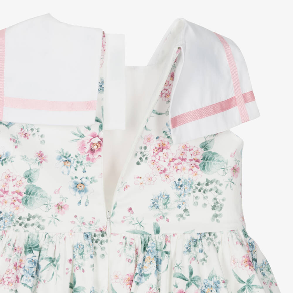 Miranda-Girls White Cotton Dress with Pink & Blue Floral Print | Childrensalon