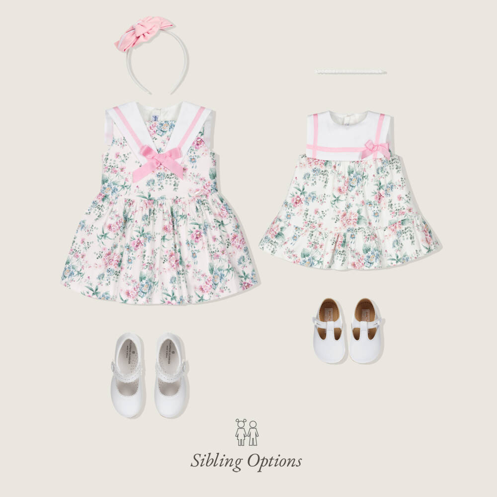 Miranda-Girls White Cotton Dress with Pink & Blue Floral Print | Childrensalon