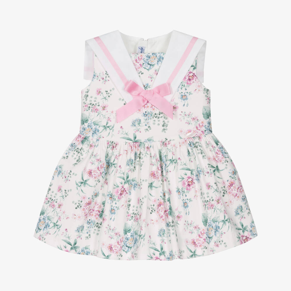Miranda-Girls White Cotton Dress with Pink & Blue Floral Print | Childrensalon