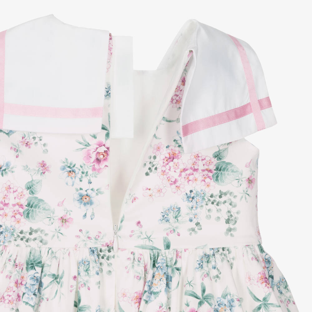 Miranda-Girls White Cotton Dress with Pink & Blue Floral Print | Childrensalon