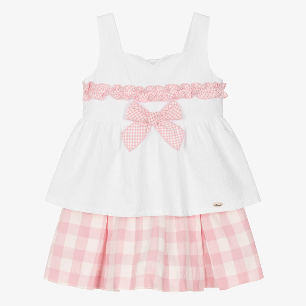 Miranda-Girls White & Pink Check Cotton Skirt Set | Childrensalon