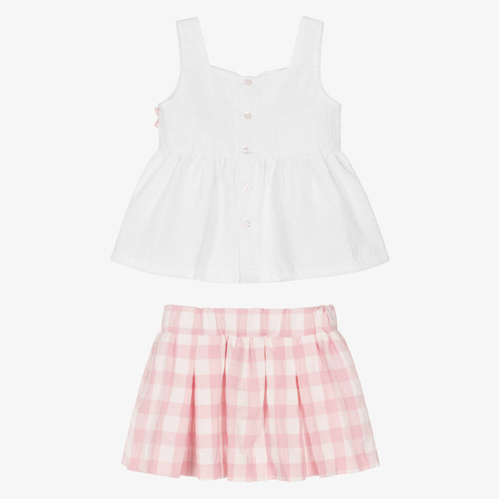 Miranda-Girls White & Pink Check Cotton Skirt Set | Childrensalon