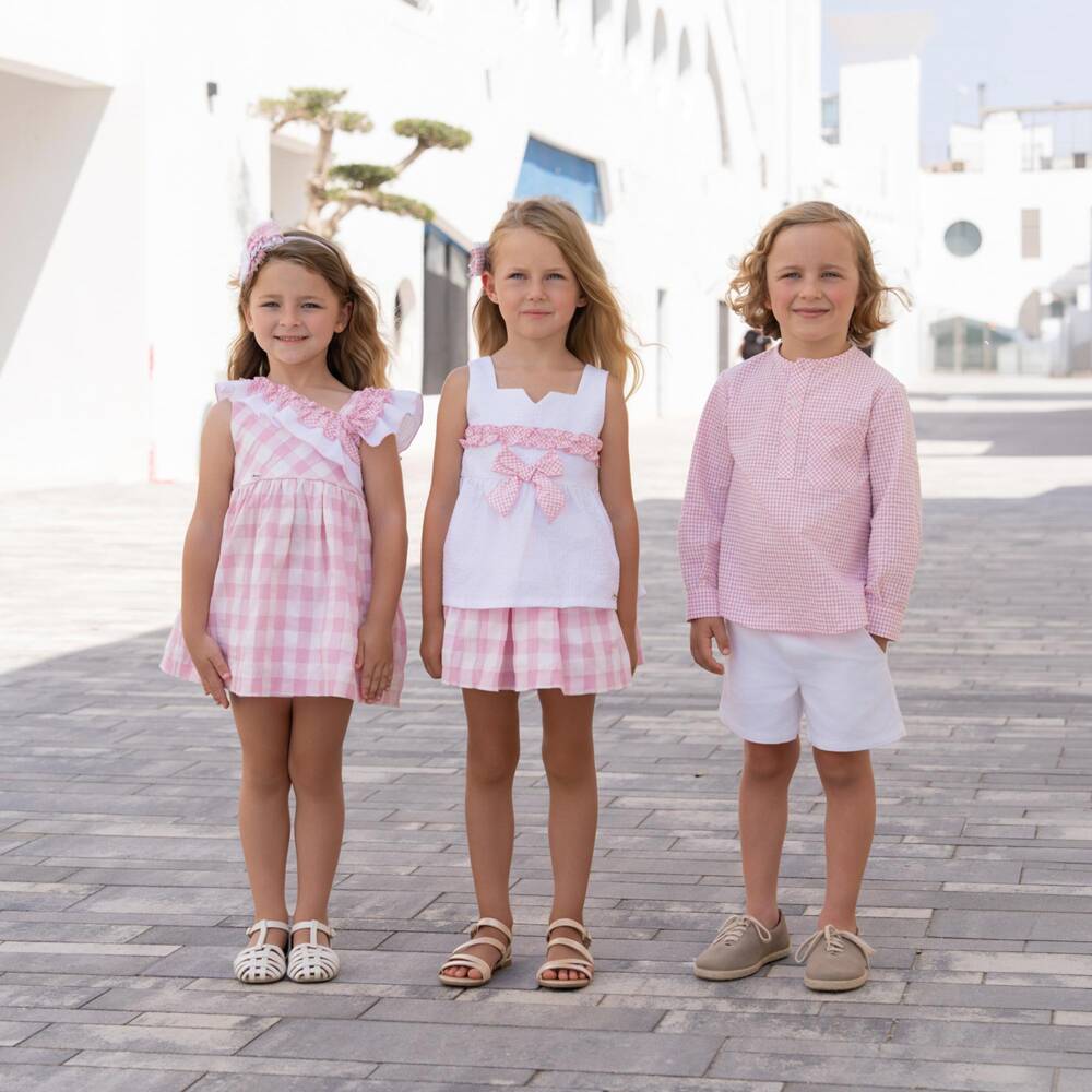 Miranda-Girls White & Pink Check Cotton Skirt Set | Childrensalon