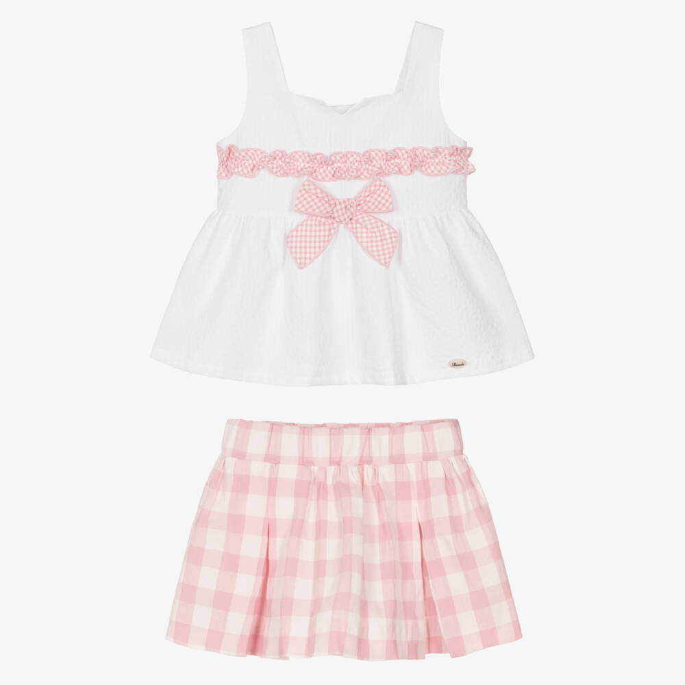 Miranda-Girls White & Pink Check Cotton Skirt Set | Childrensalon