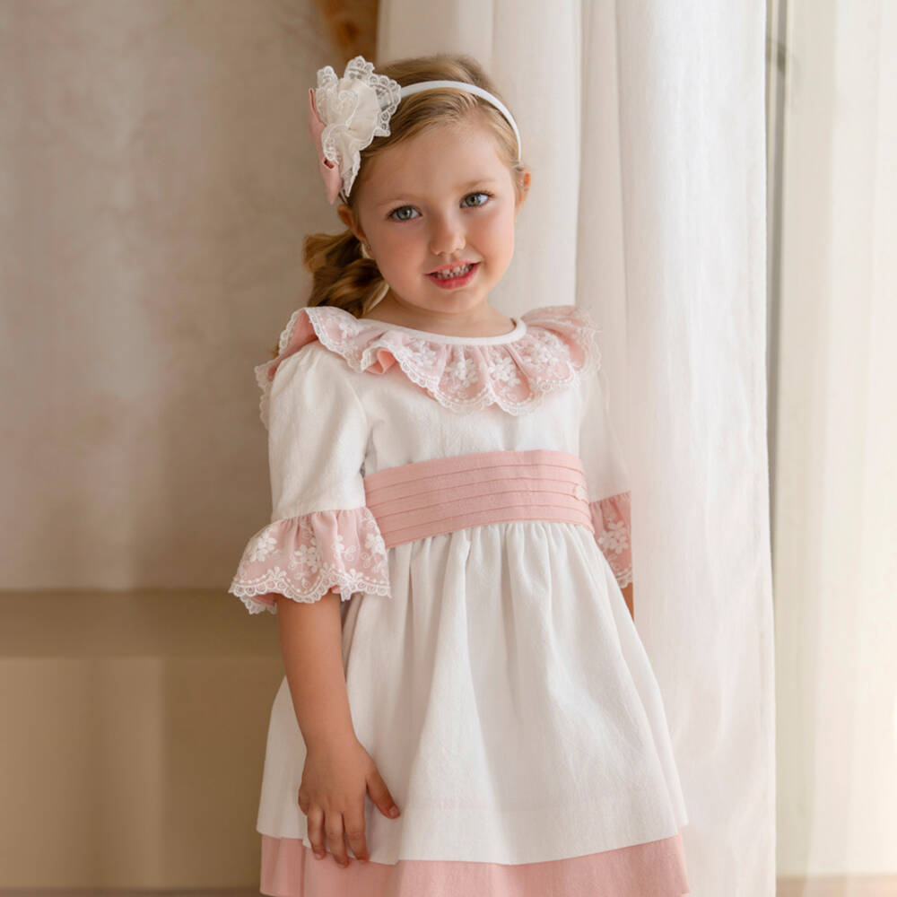 Miranda-Girls White & Pink Cotton Dress with Lacy Tulle Trims | Childrensalon