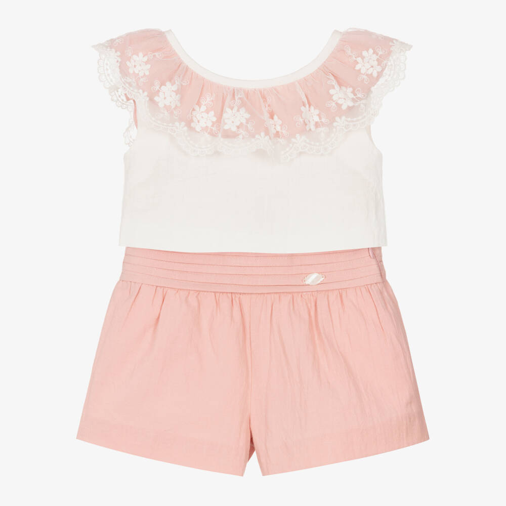 Miranda-Girls White & Pink Cotton Lace Trimmed Top & Shorts Set | Childrensalon