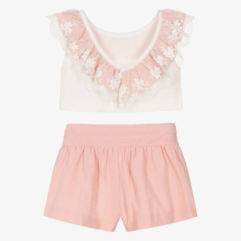 Miranda-Girls White & Pink Cotton Lace Trimmed Top & Shorts Set | Childrensalon