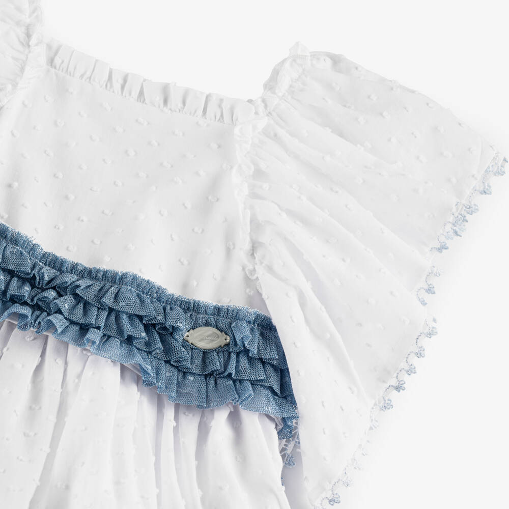 Miranda-Girls White Plumeti Cotton Dress with Blue Tulle Sash | Childrensalon