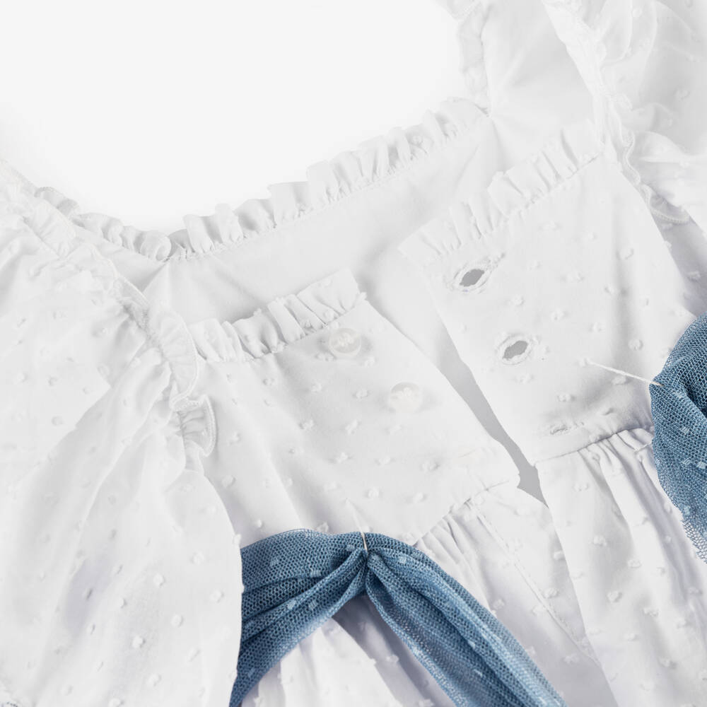 Miranda-Girls White Plumeti Cotton Dress with Blue Tulle Sash | Childrensalon