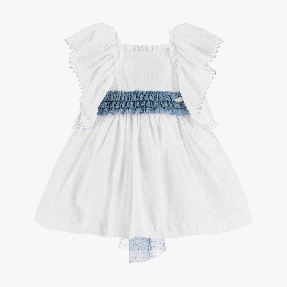 Miranda-Girls White Plumeti Cotton Dress with Blue Tulle Sash | Childrensalon