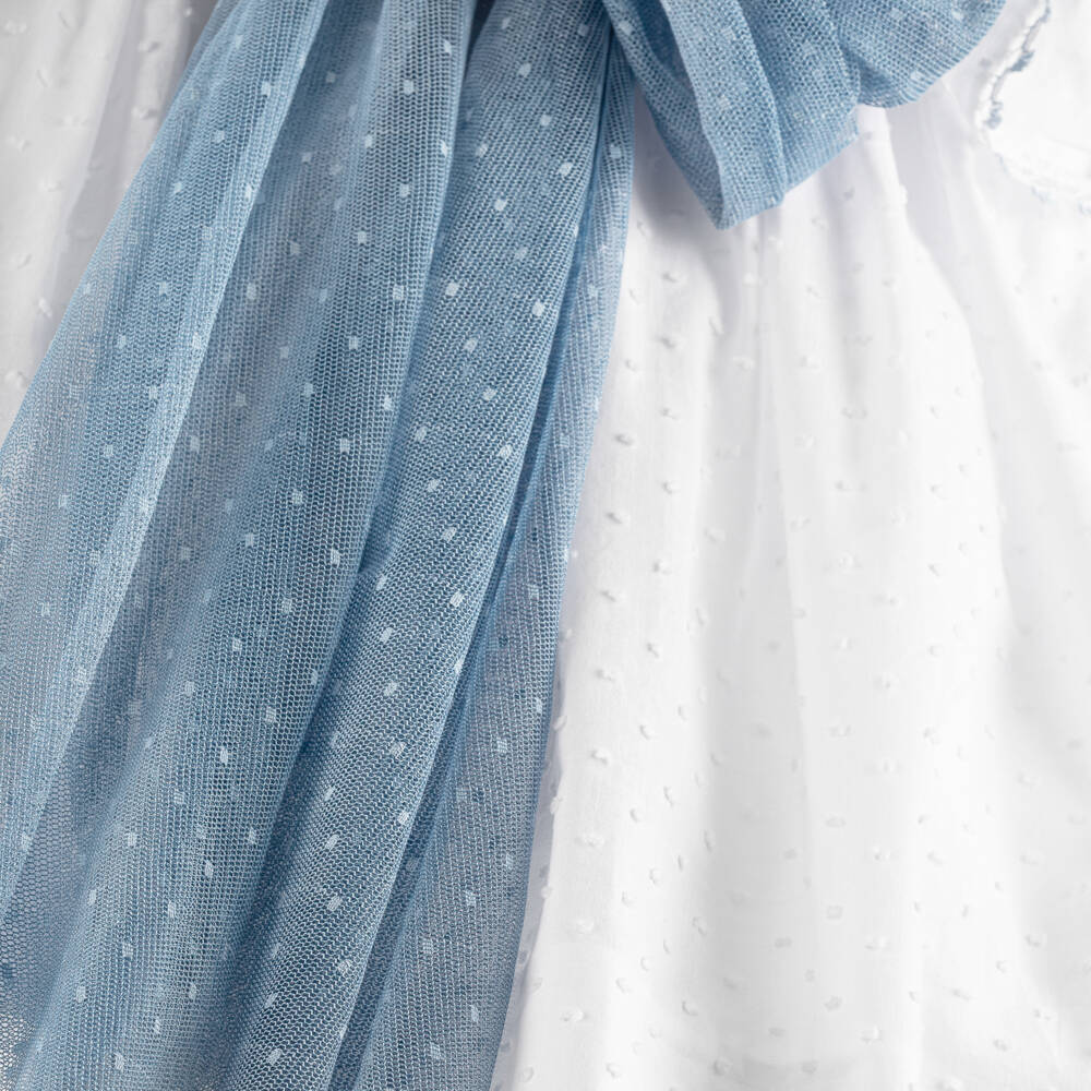 Miranda-Girls White Plumeti Cotton Dress with Blue Tulle Sash | Childrensalon