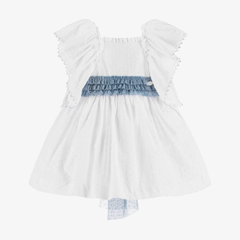 Miranda-Girls White Plumeti Cotton Dress with Blue Tulle Sash | Childrensalon