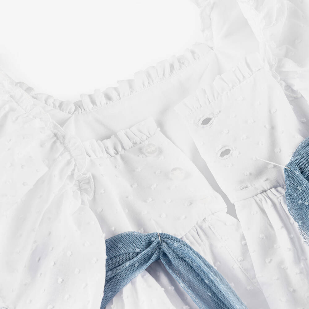 Miranda-Girls White Plumeti Cotton Dress with Blue Tulle Sash | Childrensalon