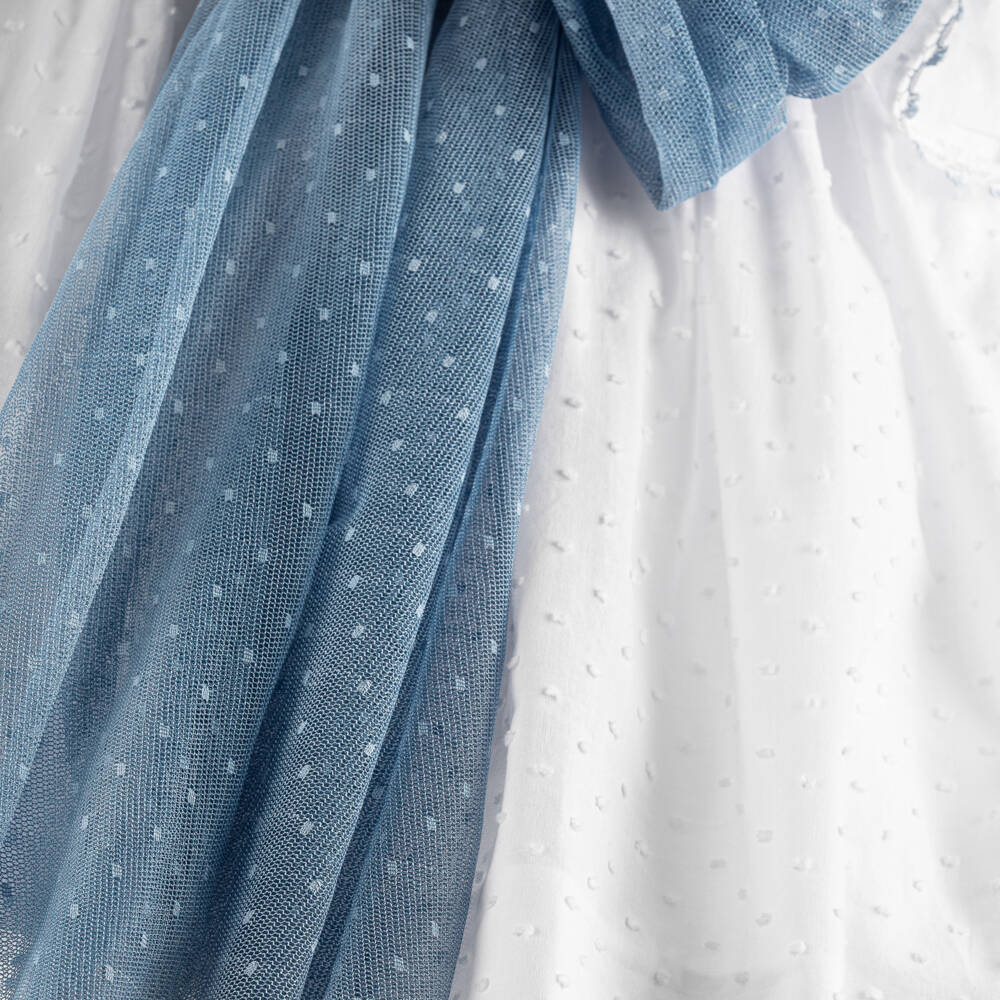Miranda-Girls White Plumeti Cotton Dress with Blue Tulle Sash | Childrensalon