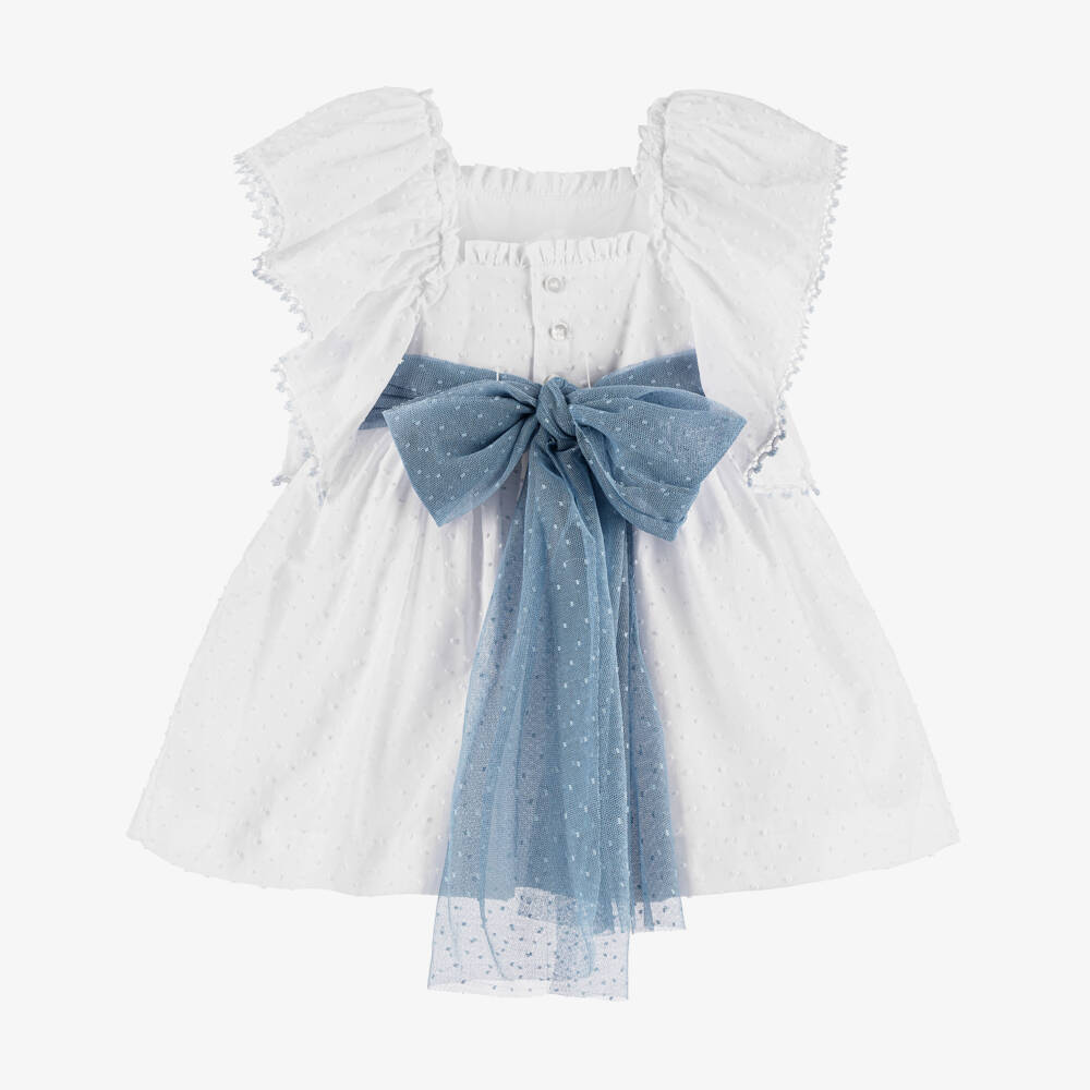Miranda-Girls White Plumeti Cotton Dress with Blue Tulle Sash | Childrensalon