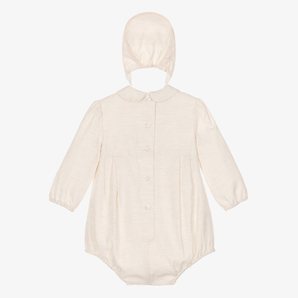Miranda- Ivory Waffe Babysuit Set with Lace Trims | Childrensalon