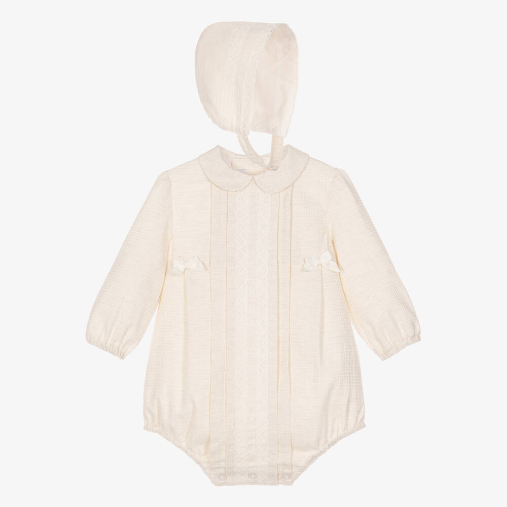 Miranda- Ivory Waffe Babysuit Set with Lace Trims | Childrensalon