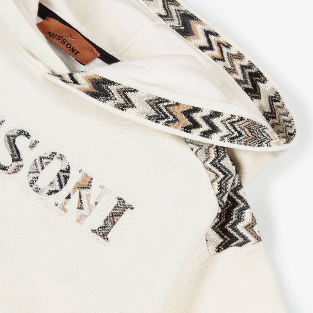 Missoni-Boy's Ivory Cotton Hoodie with Zigzag Logo & Trim | Childrensalon