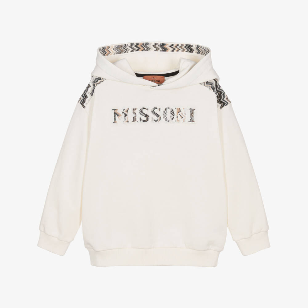 Missoni-Boy's Ivory Cotton Hoodie with Zigzag Logo & Trim | Childrensalon