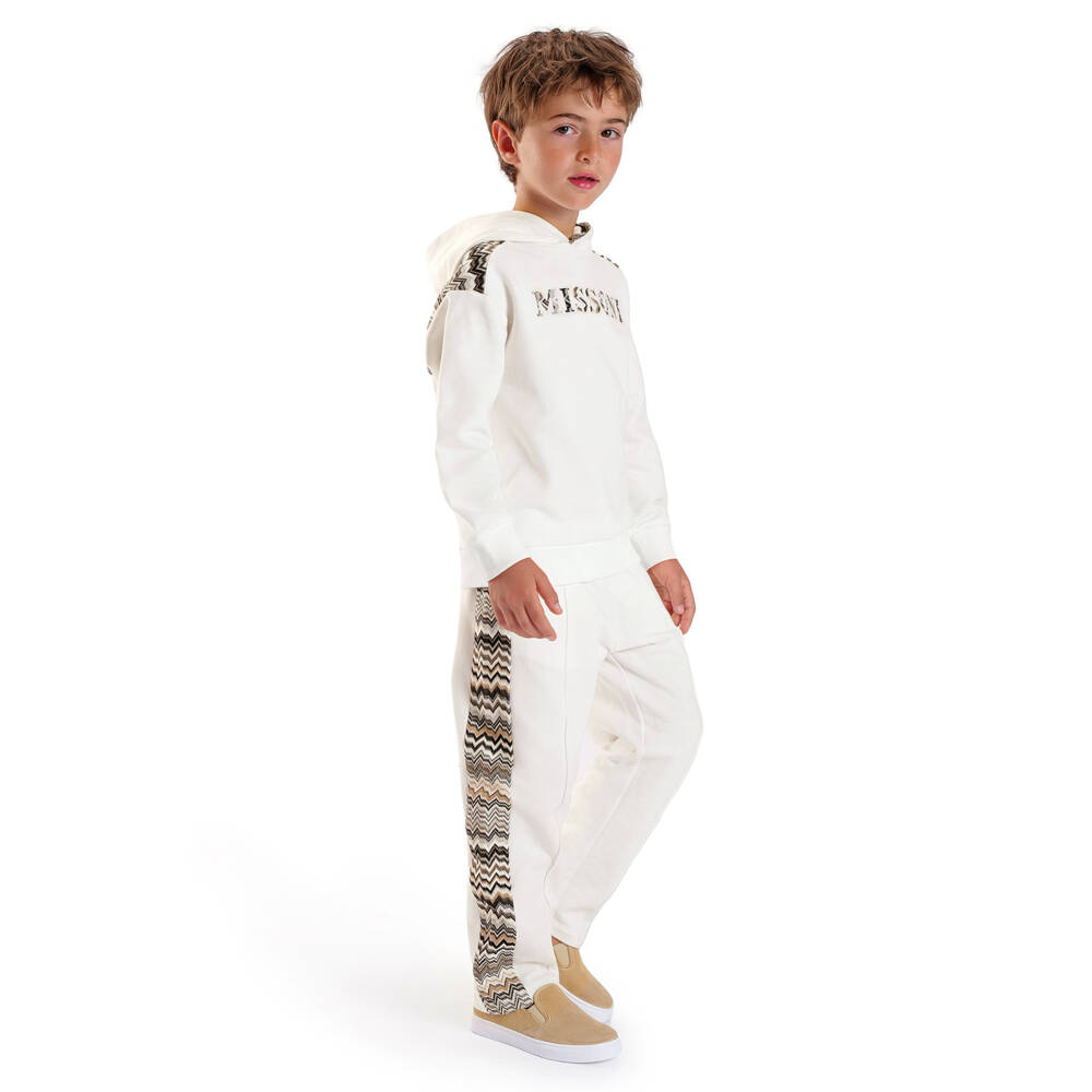 Missoni-Boy's Ivory Cotton Hoodie with Zigzag Logo & Trim | Childrensalon