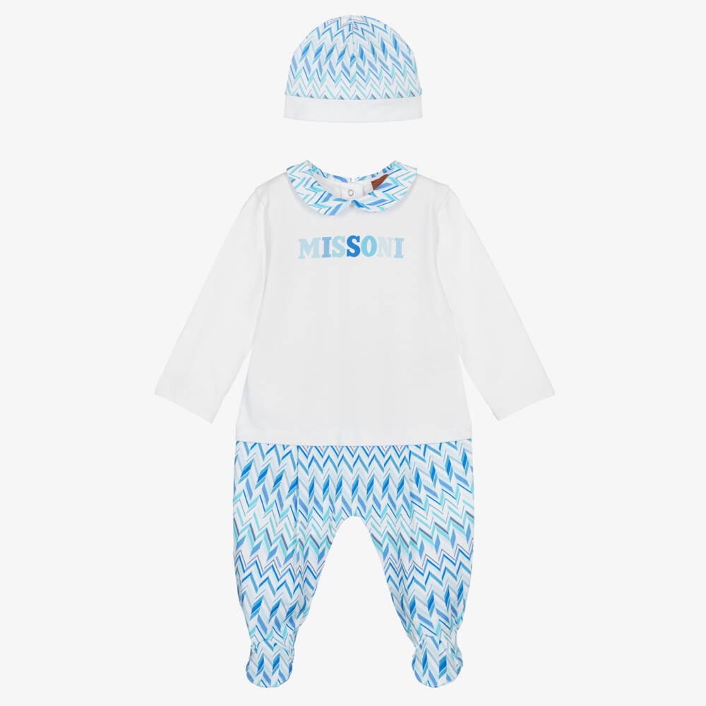 Missoni-Boys White & Blue Zigzag Pattern Babysuit Set | Childrensalon