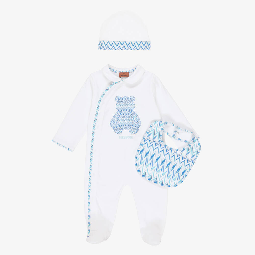 Missoni-Boys White & Blue Zigzag Print Babysuit Set | Childrensalon