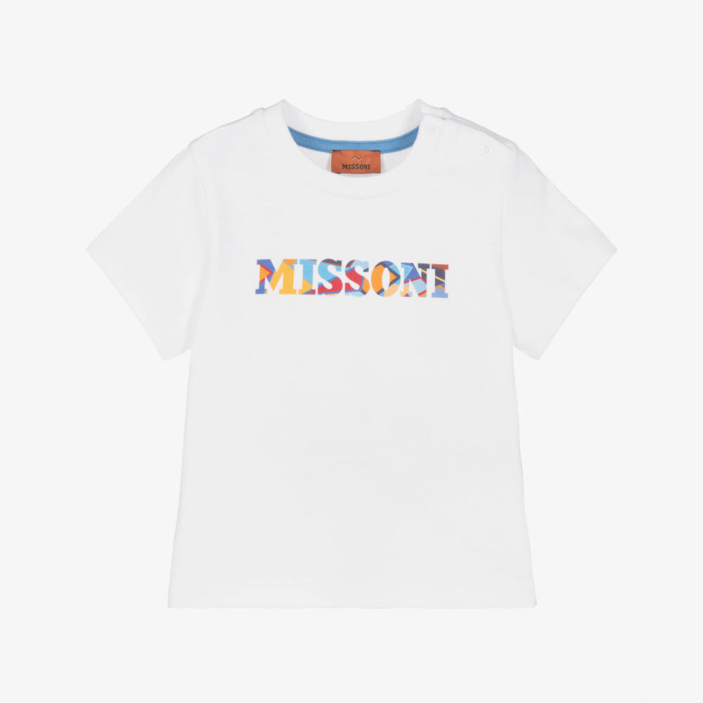 Missoni-Boys White Cotton T-Shirt with Multi-Coloured Logo | Childrensalon