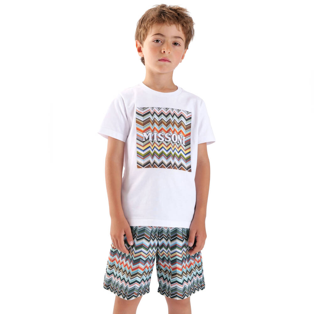 Missoni-Boys White Organic Cotton Zigzag Logo T-Shirt | Childrensalon