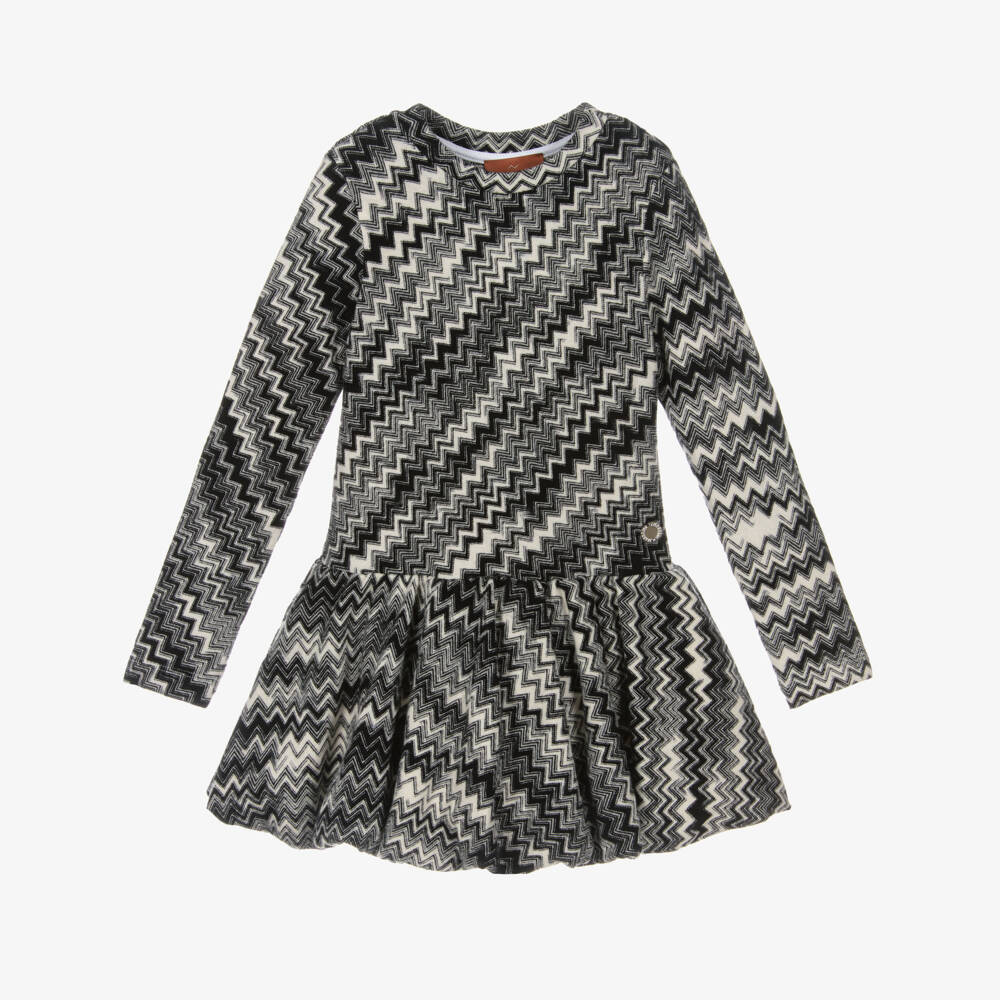 Missoni-Girls Black & White Zigzag Wool Dress with Bubble Hem | Childrensalon