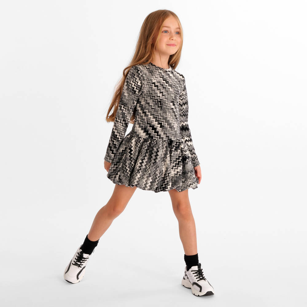 Missoni-Girls Black & White Zigzag Wool Dress with Bubble Hem | Childrensalon