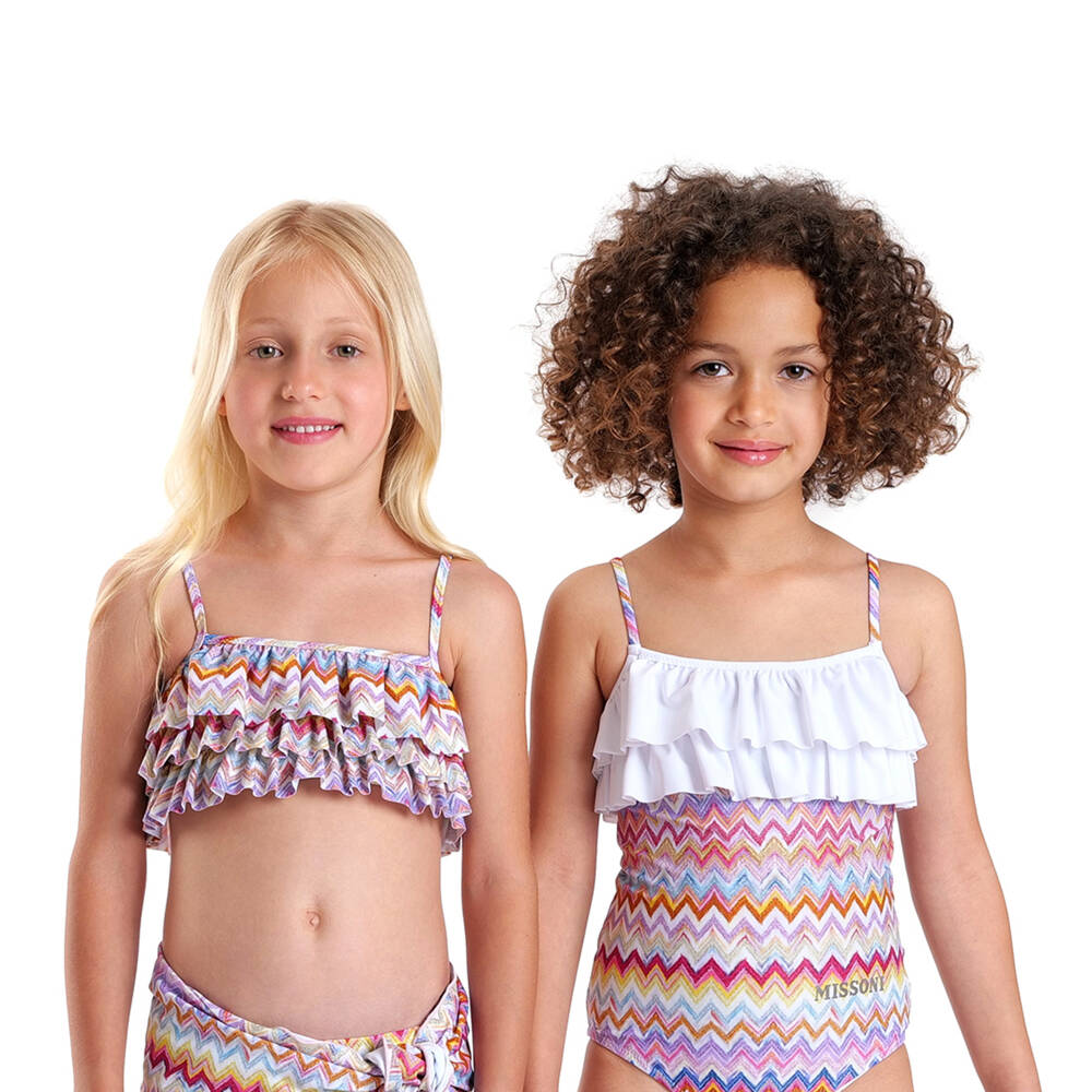 Missoni-Girls Colourful Zigzag Pattern Swimsuit with White Ruffle | Childrensalon